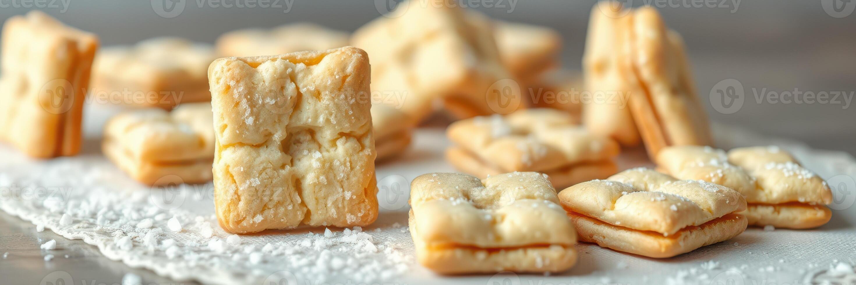Delicious baked crackers arranged on a textured surface with a sprinkle of salt highlighting their golden color photo