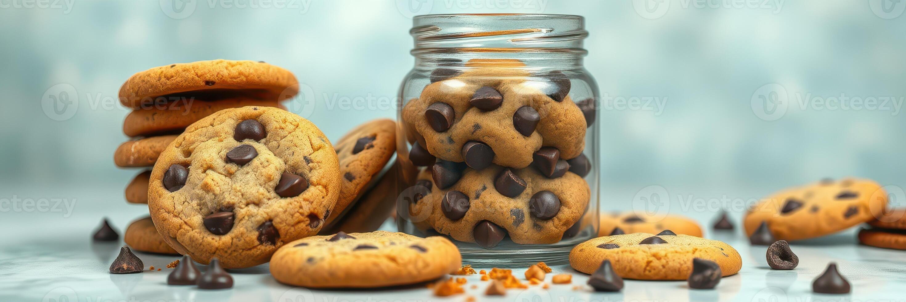 Freshly baked chocolate chip cookies arranged around a glass jar filled with more cookies on a simple surface photo