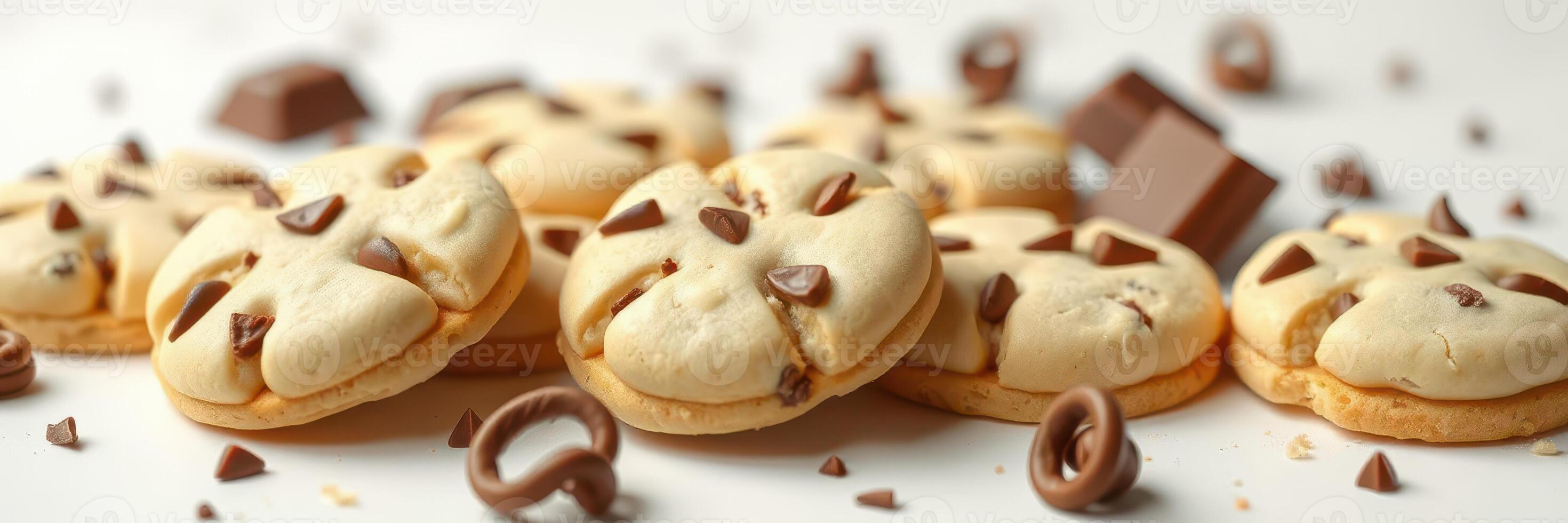 Delicious chocolate chip cookies baked on a white surface with extra chocolate chunks scattered around photo