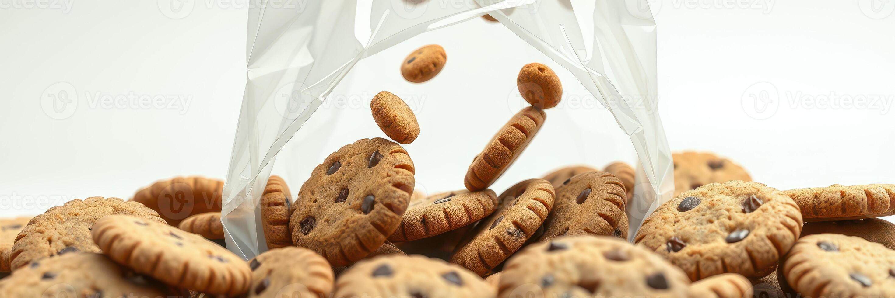 Chocolate chip cookies fall from a transparent bag onto a white surface, creating a delicious and inviting arrangement photo