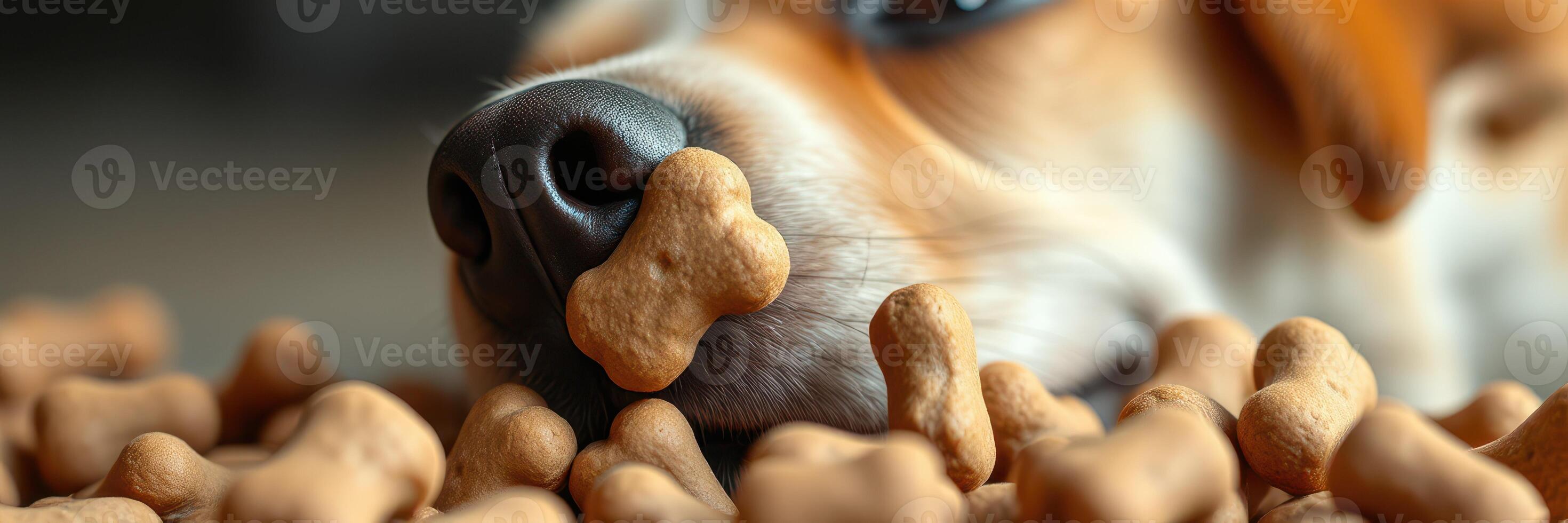 Dog enjoys snack time surrounded by treats in a cozy home setting during the afternoon photo