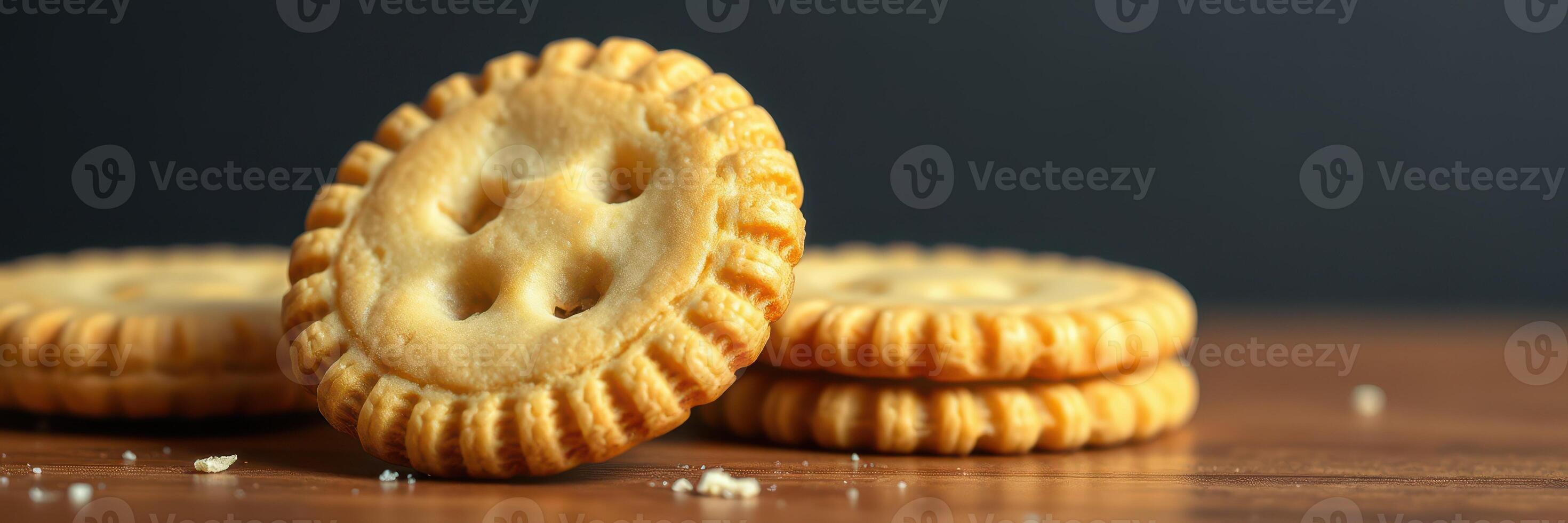 Deliciously baked cookies stacked on a wooden surface ready to be enjoyed at a cozy kitchen photo