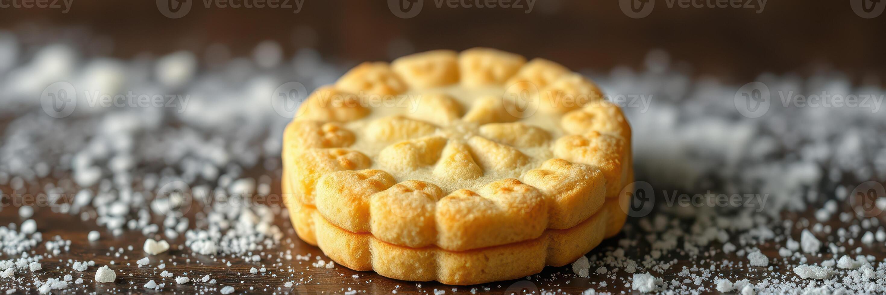 Delicious round cookie with intricate design resting on a sprinkle of sugar on a wooden surface photo