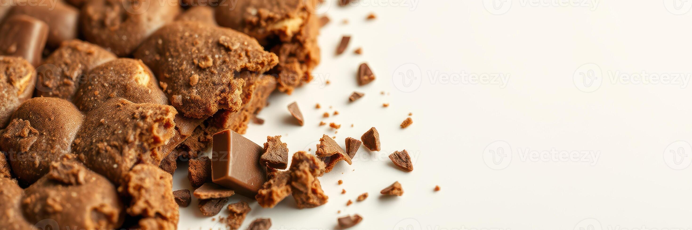 Delicious chocolate cookies crumbled on a clean surface, showcasing their rich texture and flavor photo