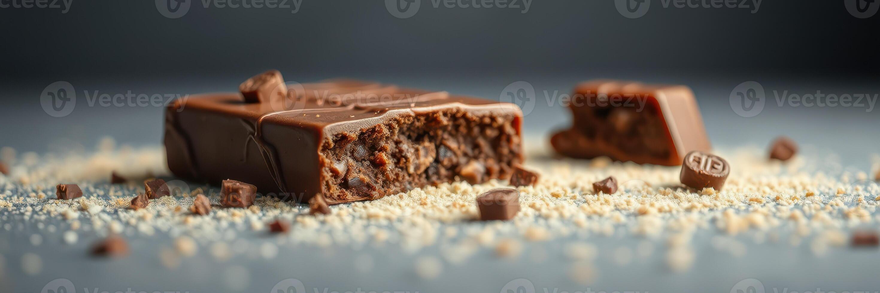 Indulgent chocolate bar broken into pieces with crumbs scattered around in a simple setting photo