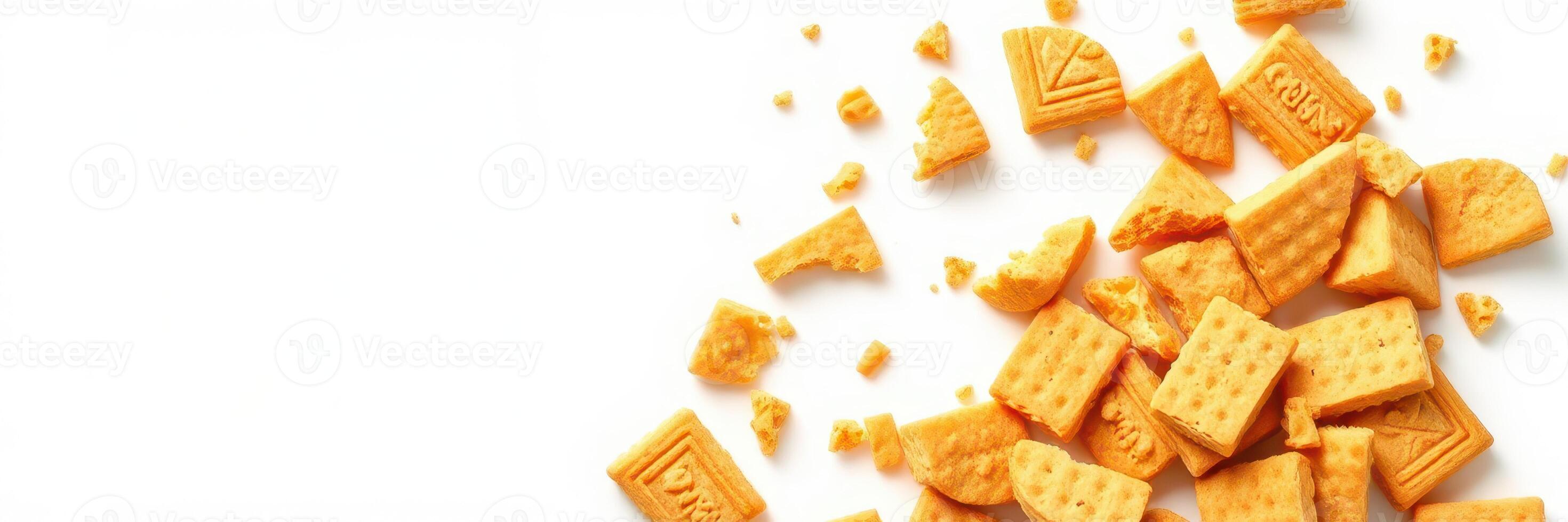 Crumbled orange cookies scattered on a white surface revealing textures and shapes at a dessert table photo