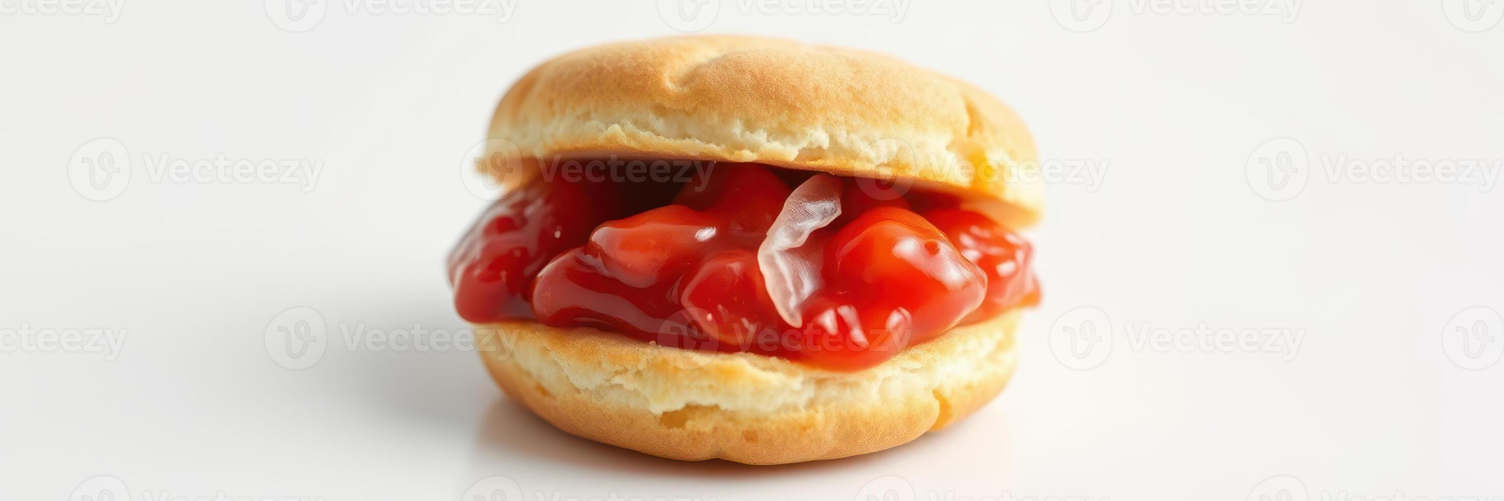 Creative sandwich featuring a soft biscuit filled with ketchup and pickles on a plain background photo