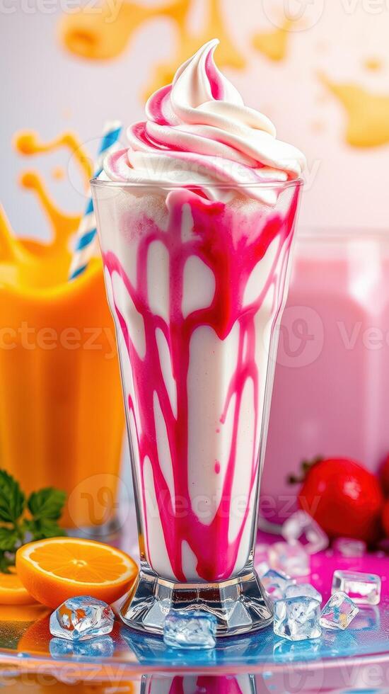 Delightful dessert drink topped with creamy swirl and vibrant syrup in colorful setting photo