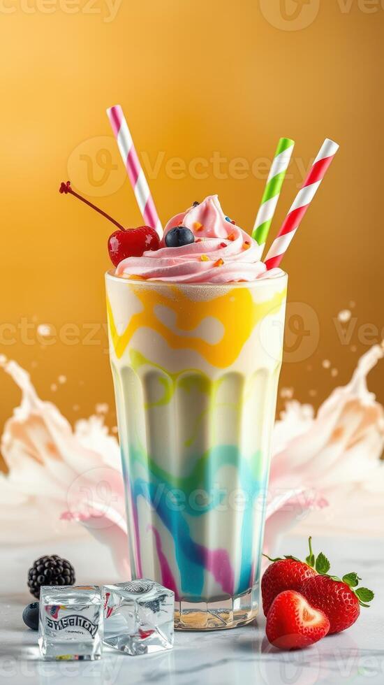 Colorful milkshake with vibrant swirls and toppings served in a tall glass, showcasing summer flavors and freshness photo