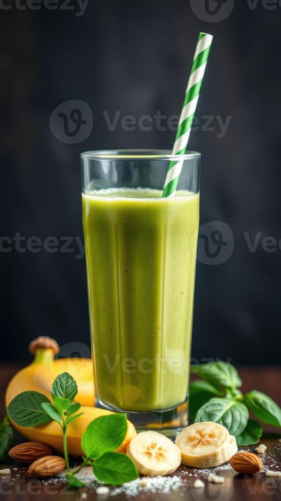Refreshing green smoothie made with bananas, spinach, and almonds for a healthy start to the day photo