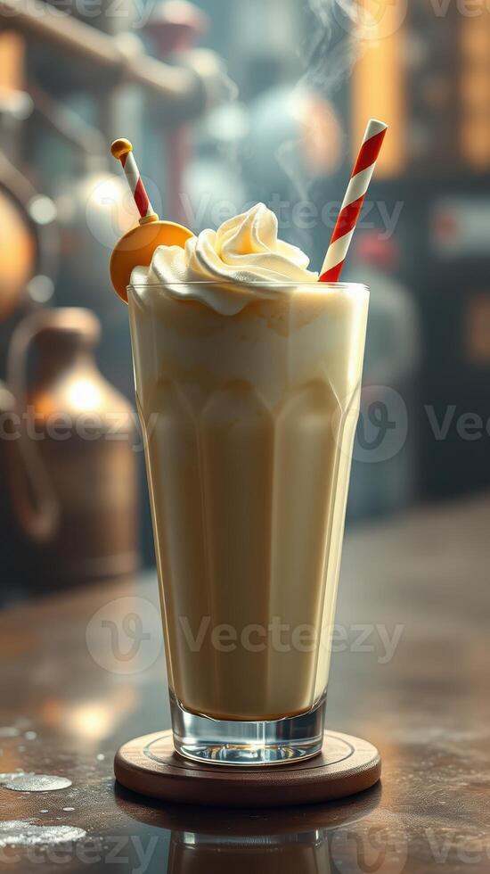 Creamy milkshake topped with whipped cream and a slice of citrus served in a classic diner setting photo
