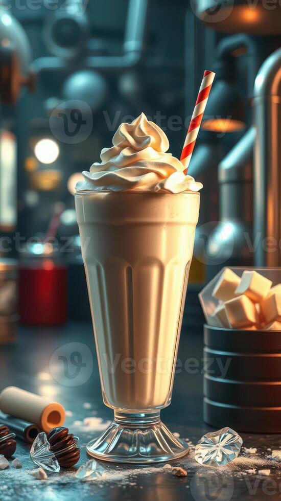 Delicious creamy milkshake topped with whipped cream and a striped straw in a cozy cafe setting photo