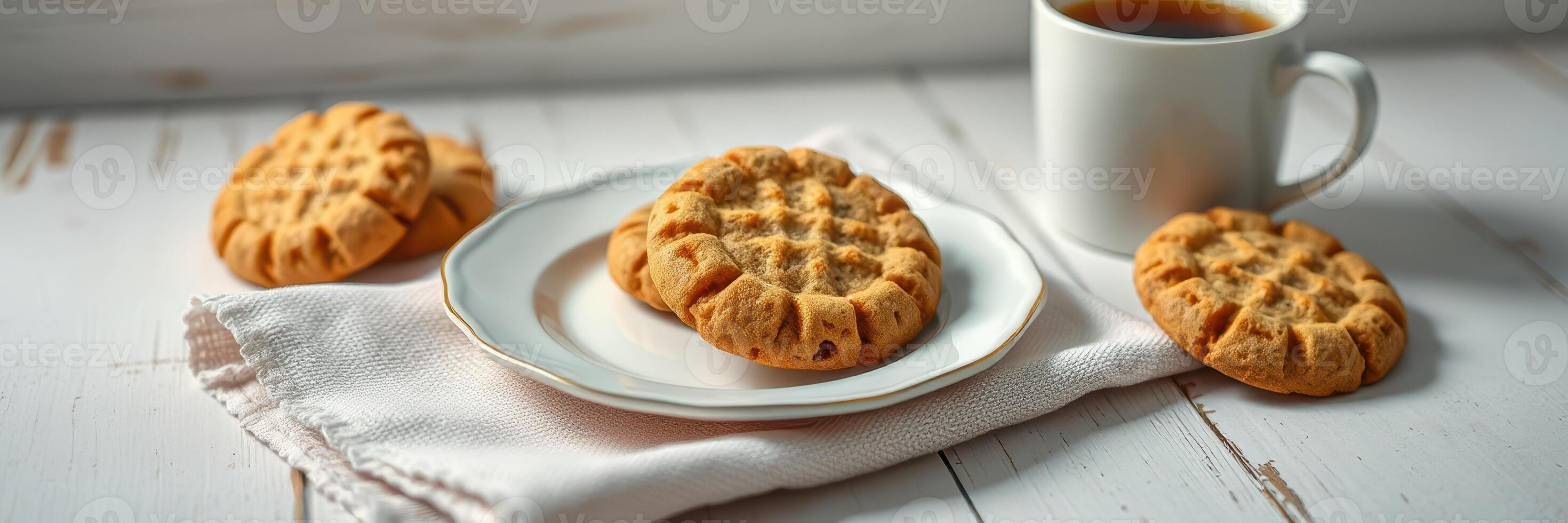Warm cookies on a plate with a cup of coffee and a cozy setting during morning hours photo