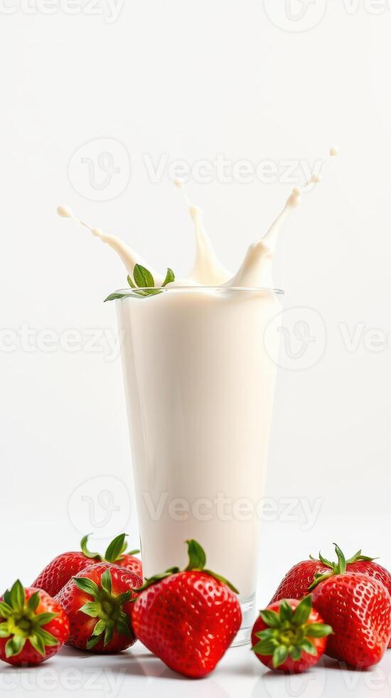 Delicious strawberry milkshake with splashes and fresh strawberries on a white background photo