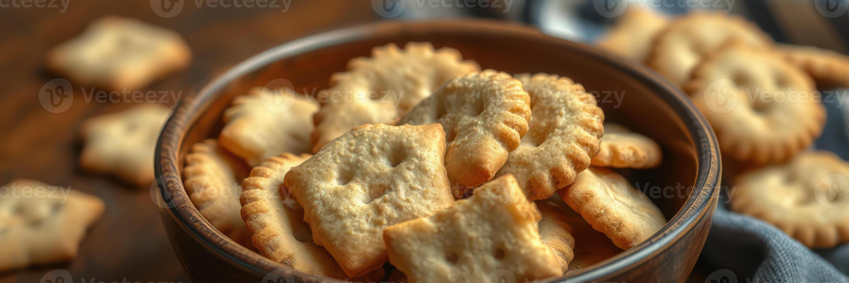 Crisp baked snacks in a wooden bowl on a rustic table with a cloth on the side photo