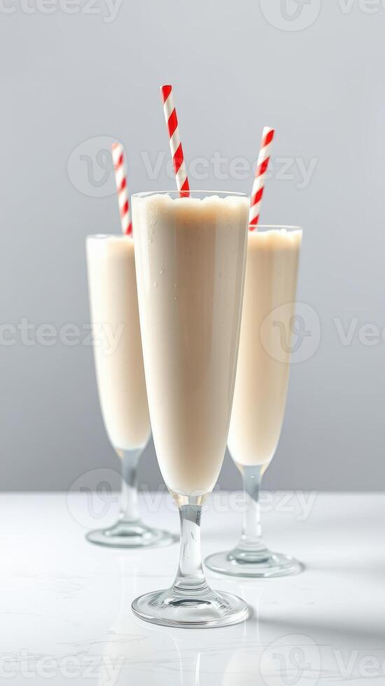 Delicious creamy milkshakes served in tall glasses with red and white striped straws garnishing a minimalistic backdrop photo