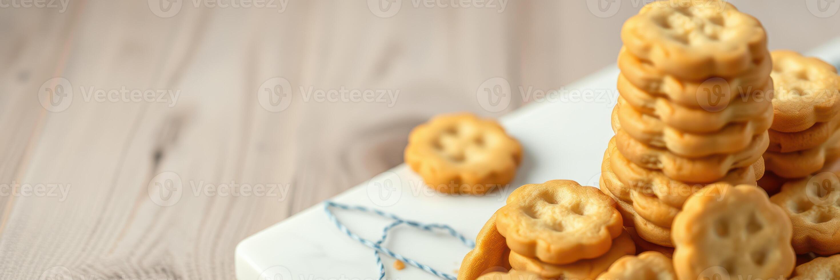Crunchy cookie stack on a wooden board with a bright background in a cozy kitchen setting photo