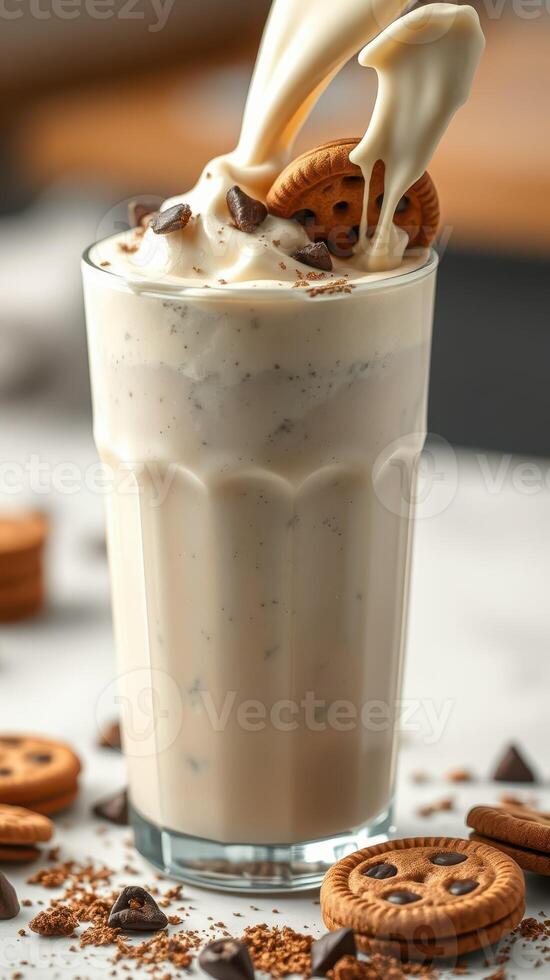 Creamy dessert drink with cookies and chocolate chips on a marble surface photo