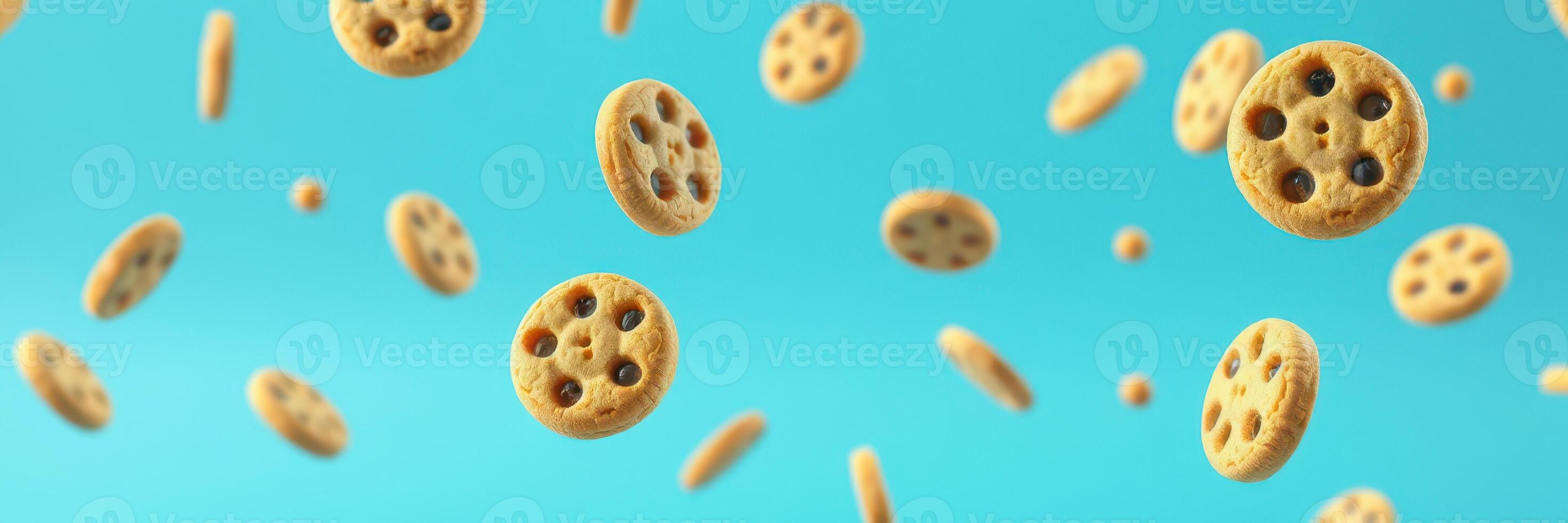 Floating chocolate chip cookies create a whimsical atmosphere against a bright blue background photo
