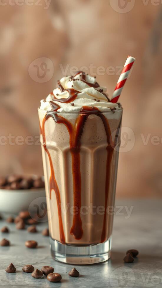 Delicious chocolate milkshake topped with whipped cream and chocolate drizzle in a glass photo