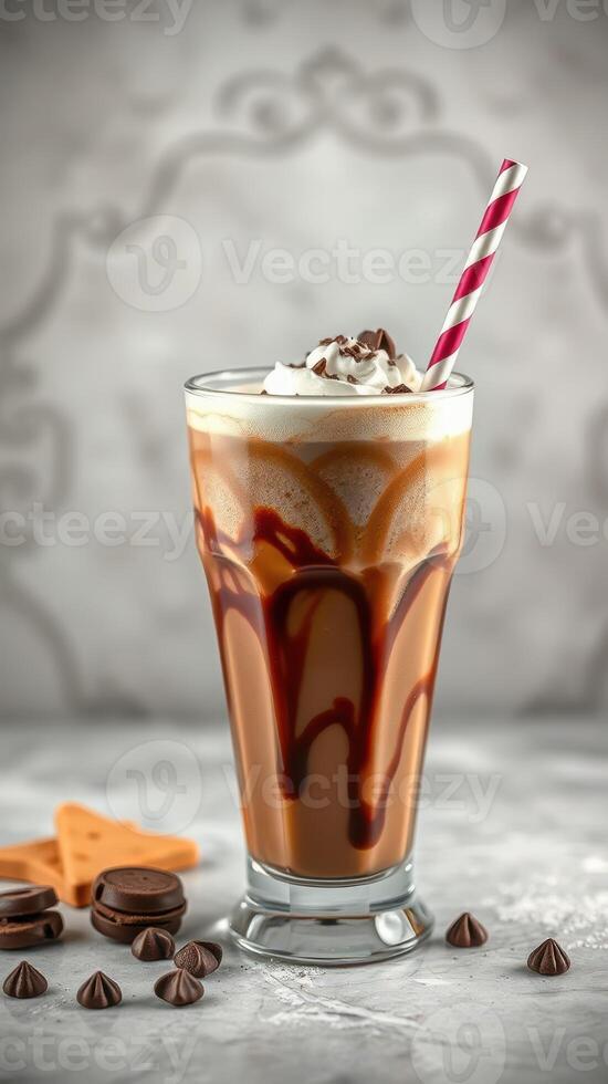 Creamy chocolate milkshake topped with whipped cream and a striped straw in a cozy setting photo