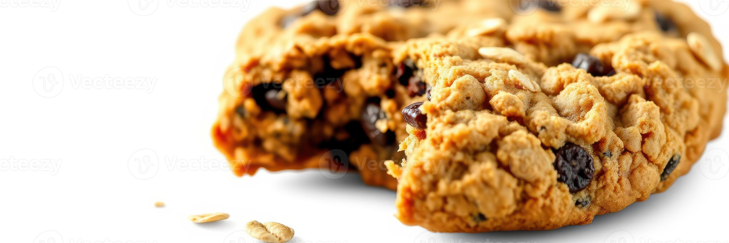 Oatmeal cookie with chocolate chips and a bite taken out, on a clean white surface at a daytime kitchen setting photo