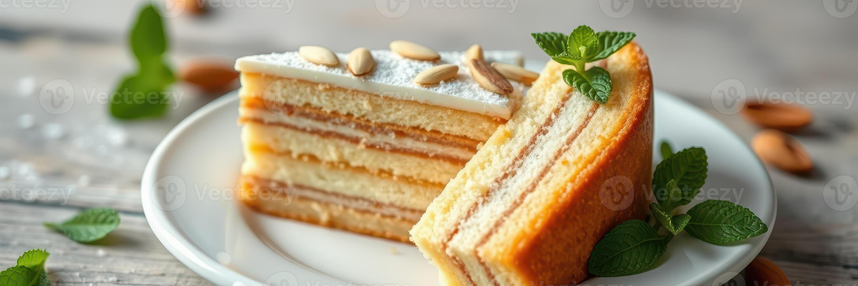 Delightful layered cake served on a white plate with mint leaves and almonds photo