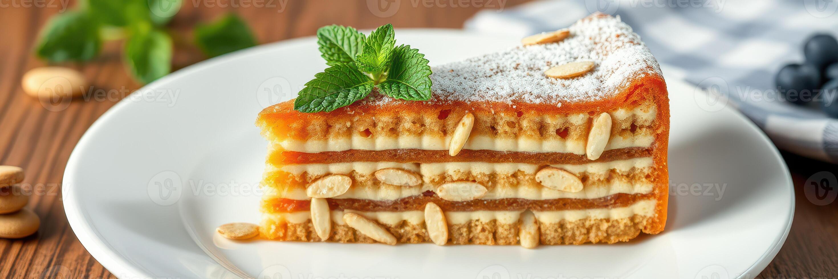 Delicious slice of layered dessert with nuts and mint on a plate with wooden background photo