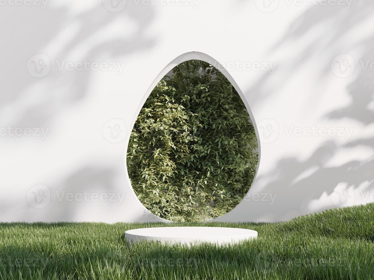 Happy Easter holiday greeting card with colorful painted eggs. 3d render of podium, showcase, display in green grass. Unobtrusive botanical background with shadow on the wall. photo