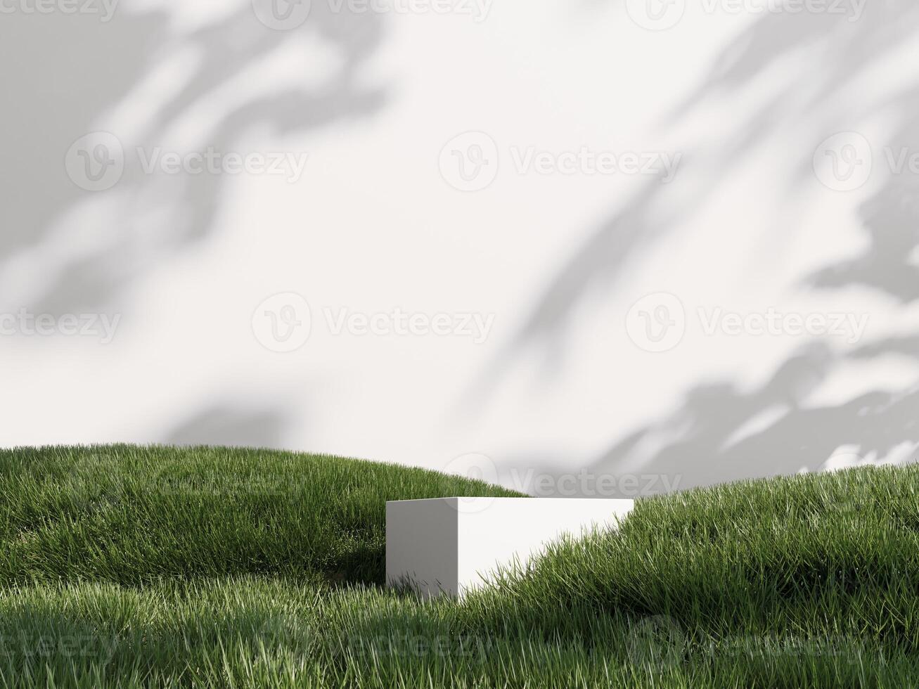 Happy Easter holiday greeting card with colorful painted eggs. 3d render of podium, showcase, display in green grass. Unobtrusive botanical background with shadow on the wall. photo