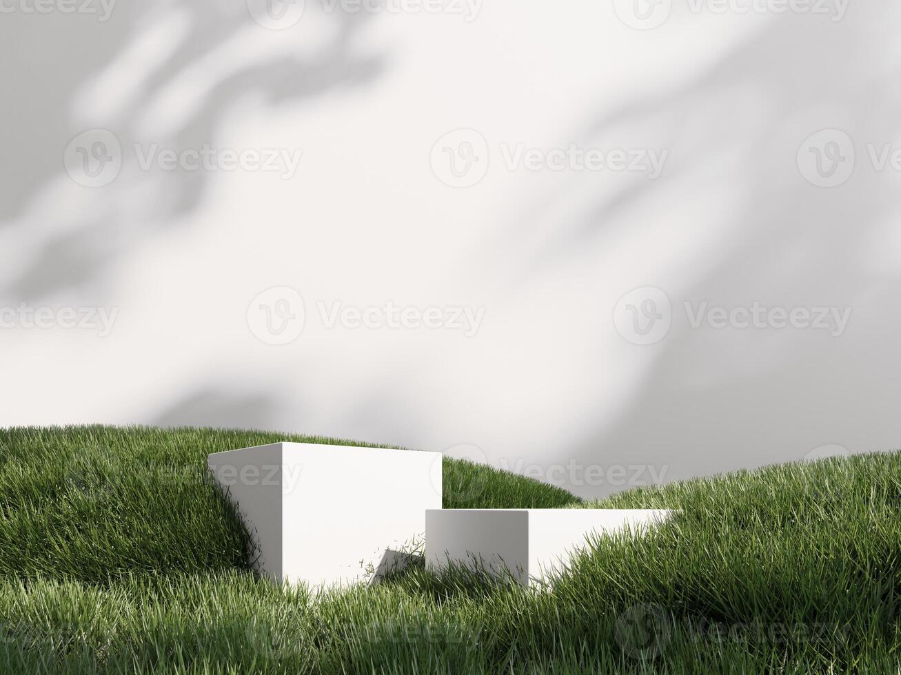 Happy Easter holiday greeting card with colorful painted eggs. 3d render of podium, showcase, display in green grass. Unobtrusive botanical background with shadow on the wall. photo
