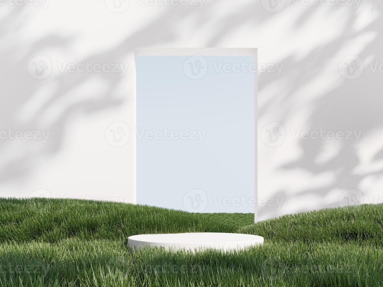 Happy Easter holiday greeting card with colorful painted eggs. 3d render of podium, showcase, display in green grass. Unobtrusive botanical background with shadow on the wall. photo