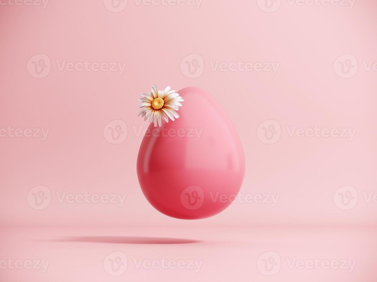 3D render of an Easter egg with daisy flowers. Modern minimalistic holiday card concept with copy space. Happy Easter - postcard, banner, pastel pink poster. photo