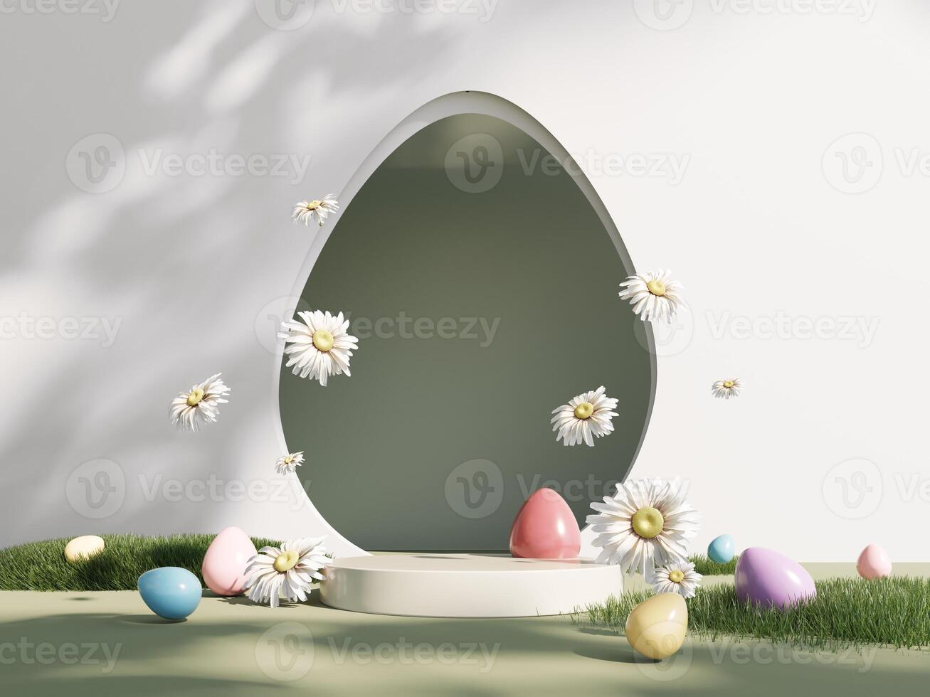 3d spring podium, display with daisies on light pastel background with shadow. Showcase for advertising products, cosmetics. Floral, summer, holiday banner for easter, wedding, mother's day, birthday. photo