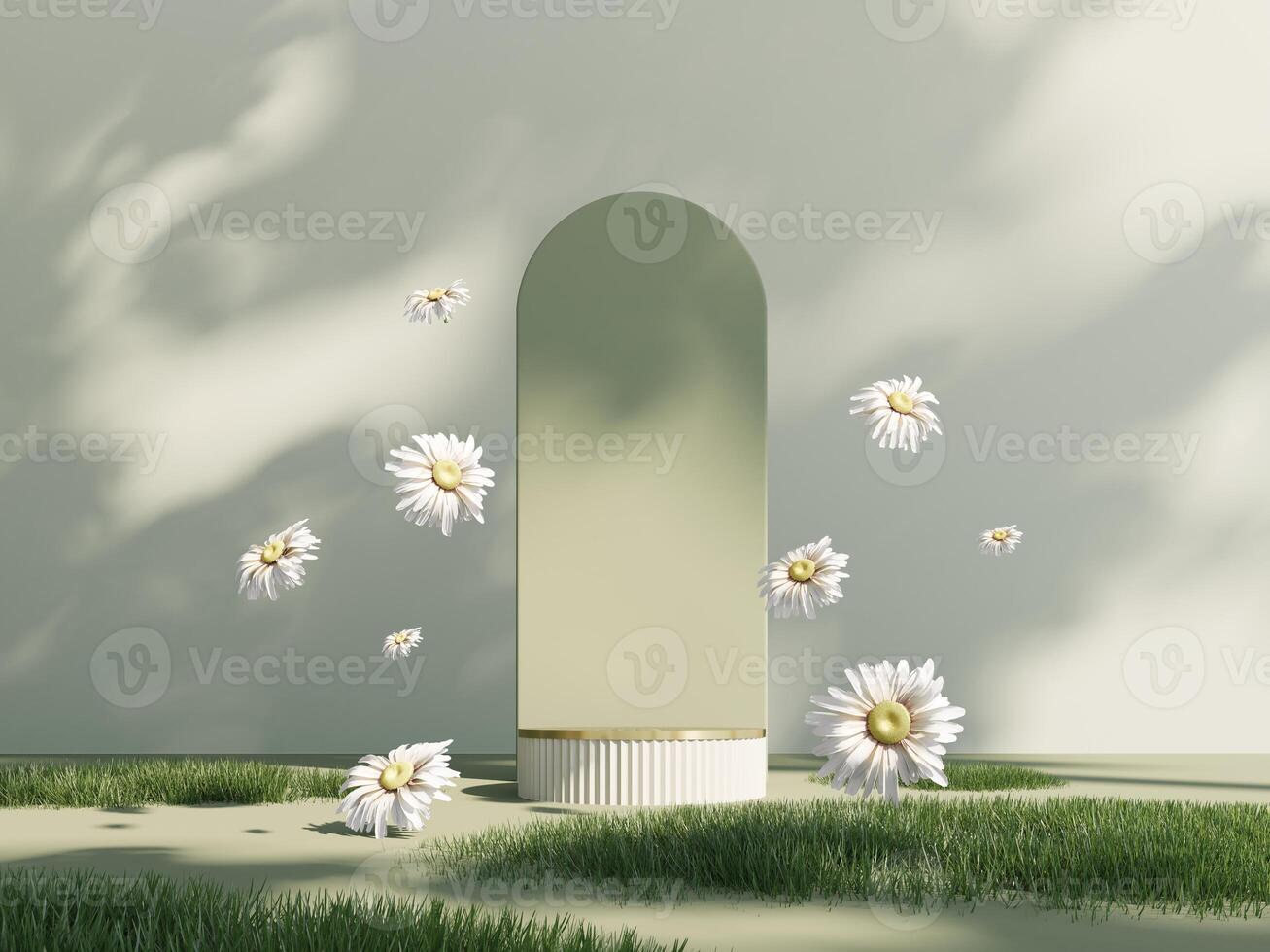 3d spring podium, display with daisies on light pastel background with shadow. Showcase for advertising products, cosmetics. Floral, summer, holiday banner for easter, wedding, mother's day, birthday. photo