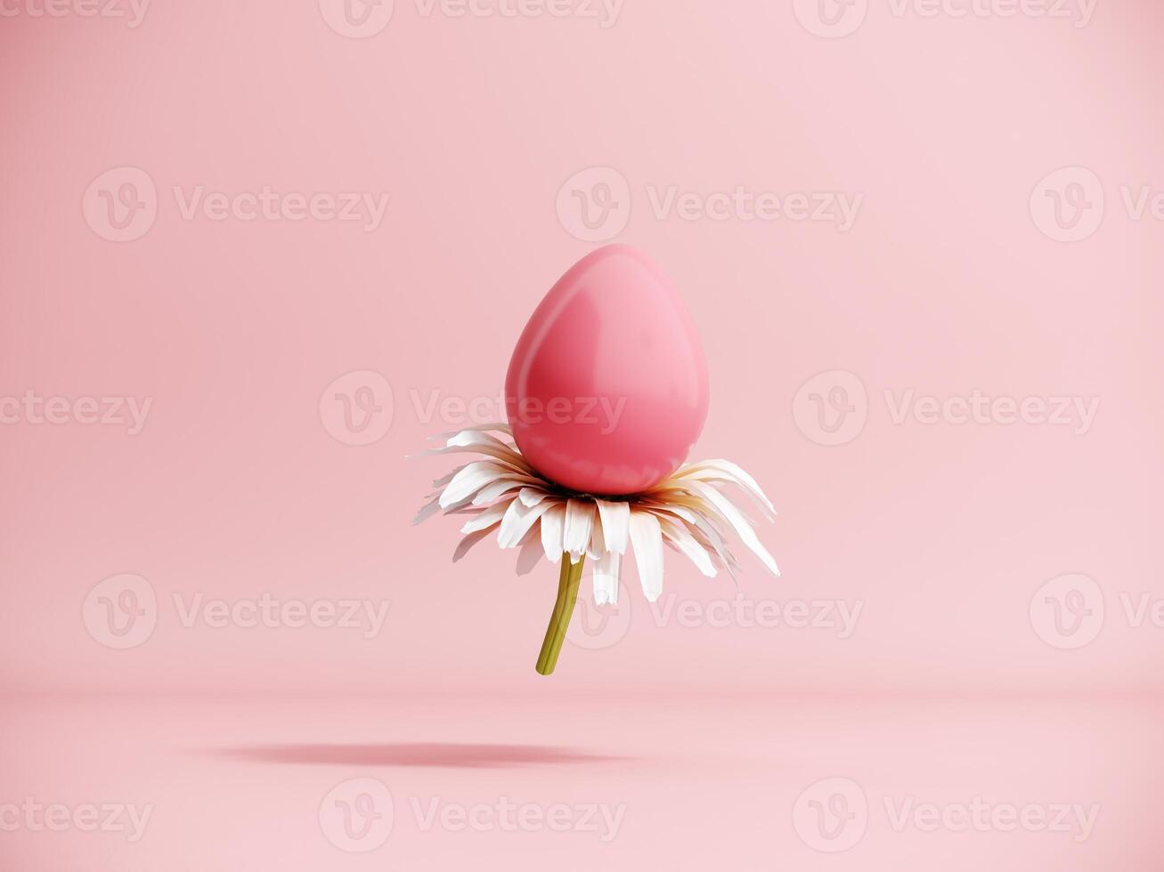 3D render of an Easter egg with daisy flowers. Modern minimalistic holiday card concept with copy space. Happy Easter - postcard, banner, pastel pink poster. photo