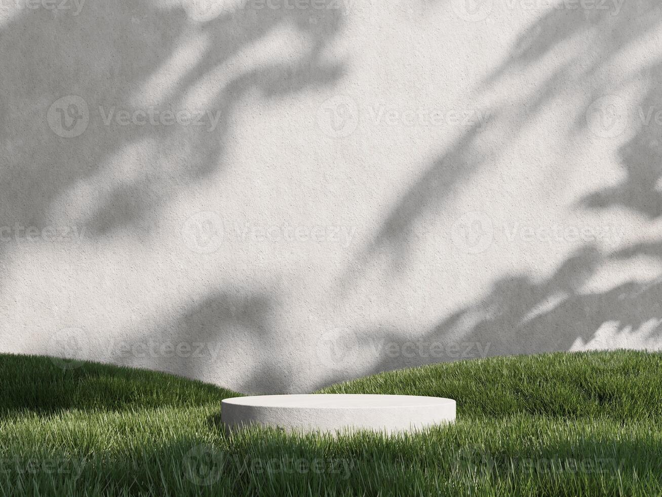 Happy Easter holiday greeting card with colorful painted eggs. 3d render of podium, showcase, display in green grass. Unobtrusive botanical background with shadow on the wall. photo