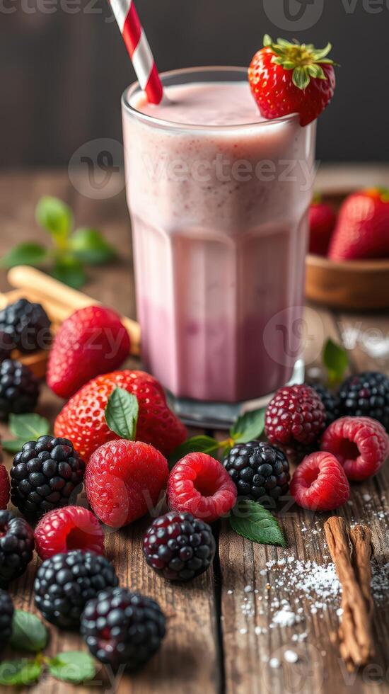 Fresh berry smoothie with strawberries, raspberries, blackberries, and blueberries on wooden table photo