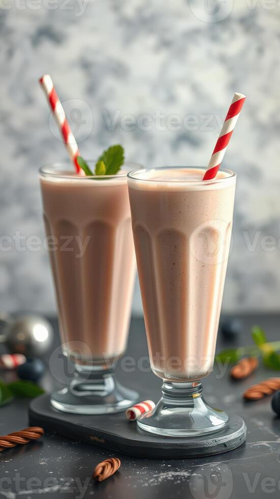 Refreshing chocolate milkshakes with striped straws and mint garnish served on a dark table photo