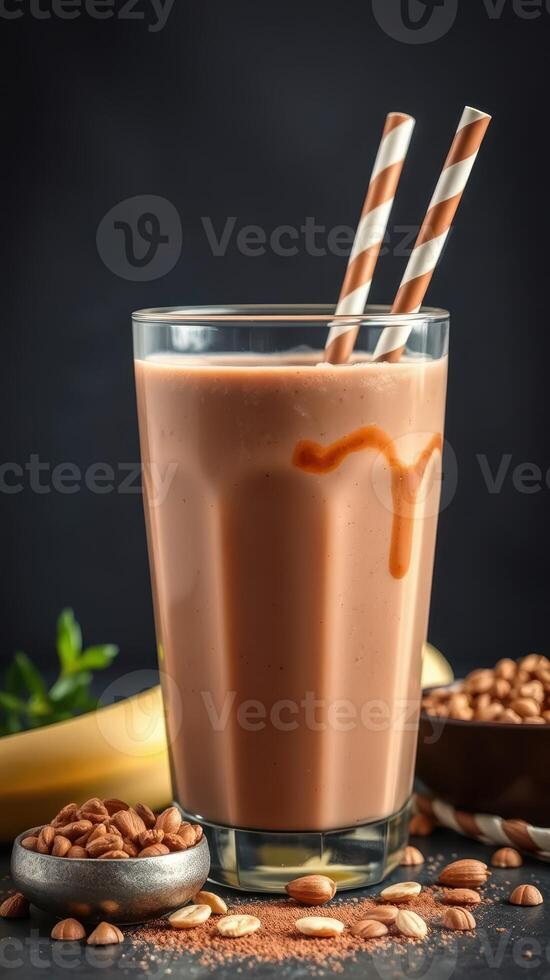 Chocolate banana smoothie with decorative straws and cocoa nibs displayed on a dark background photo