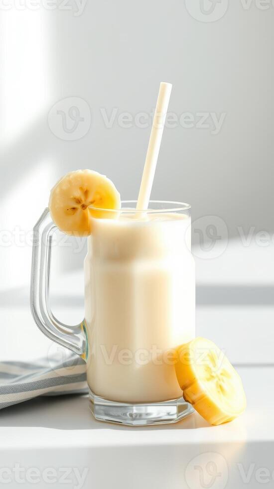 Creamy banana smoothie served in a clear glass with fresh banana slices on the rim in bright sunlight photo