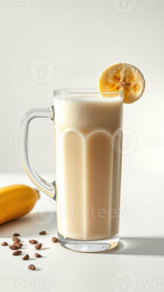 Refreshing banana smoothie served in a tall glass with a slice of banana on the rim and scattered coffee beans on the table photo