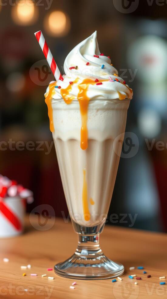 Creamy vanilla milkshake topped with whipped cream and caramel drizzle in a cozy cafe photo