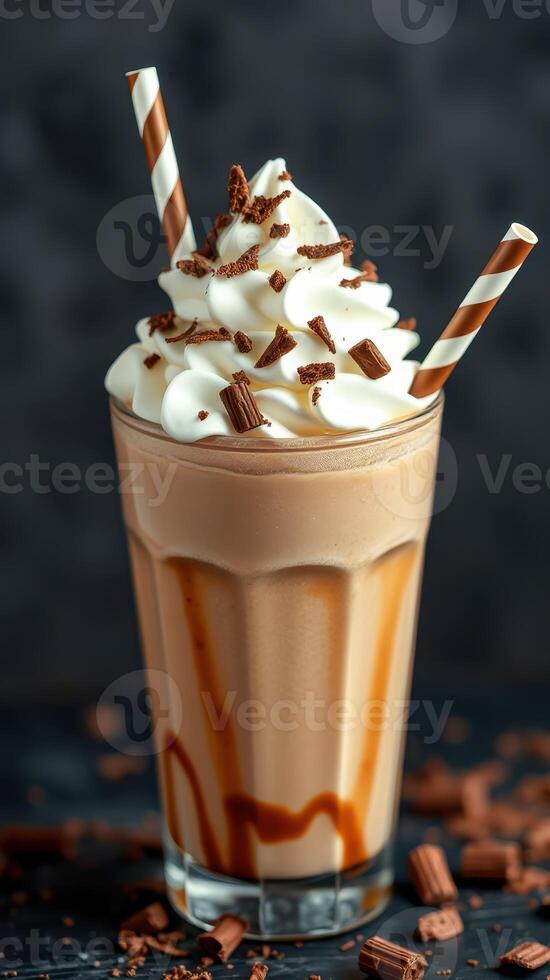 Deliciously crafted chocolate milkshake topped with whipped cream and chocolate shavings in a tall glass photo