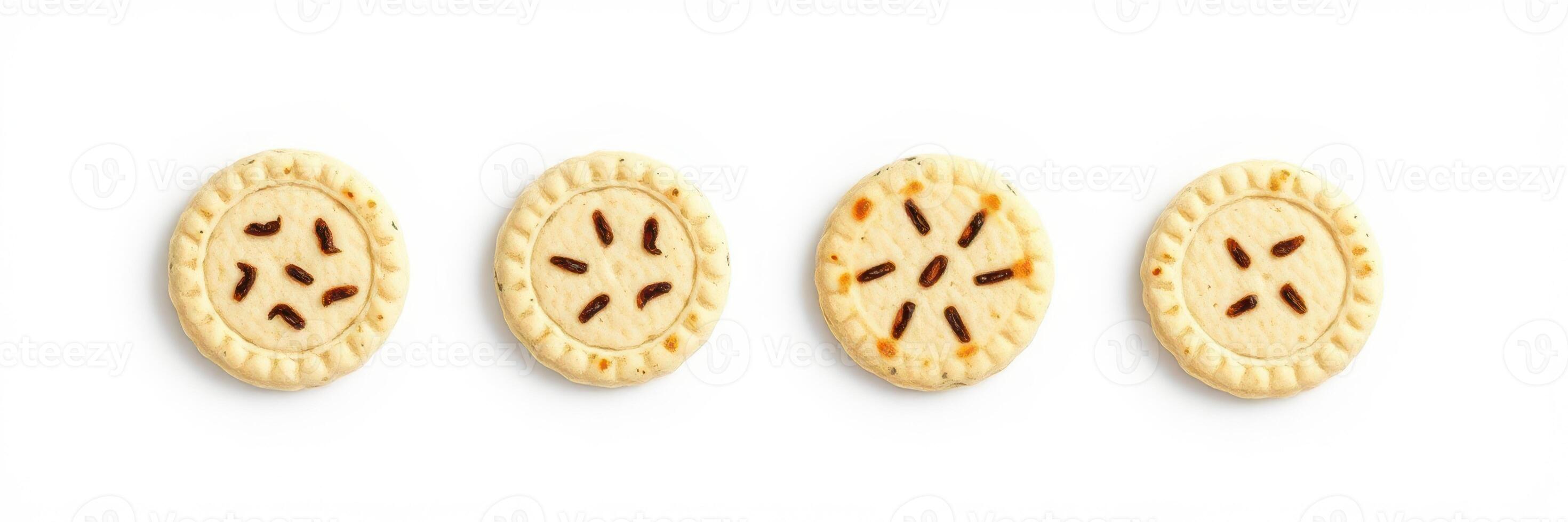 Delicious round crackers arranged neatly on a white surface showcasing unique patterns and textures photo