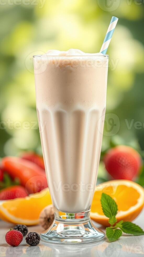 cremoso Fruta zalamero servido en un alto vaso rodeado por Fresco bayas y agrios frutas foto