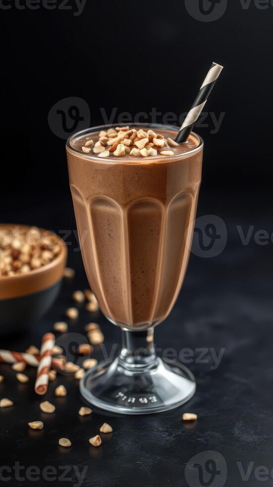 Delicious chocolate milkshake topped with nuts served in a tall glass with a striped straw photo