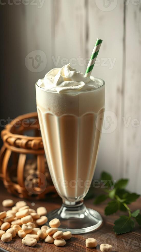 Delicious creamy milkshake topped with whipped cream and a green straw on a rustic wooden table photo