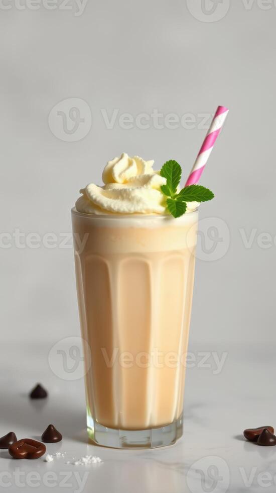Creamy milkshake topped with whipped cream and mint leaf on a light background photo
