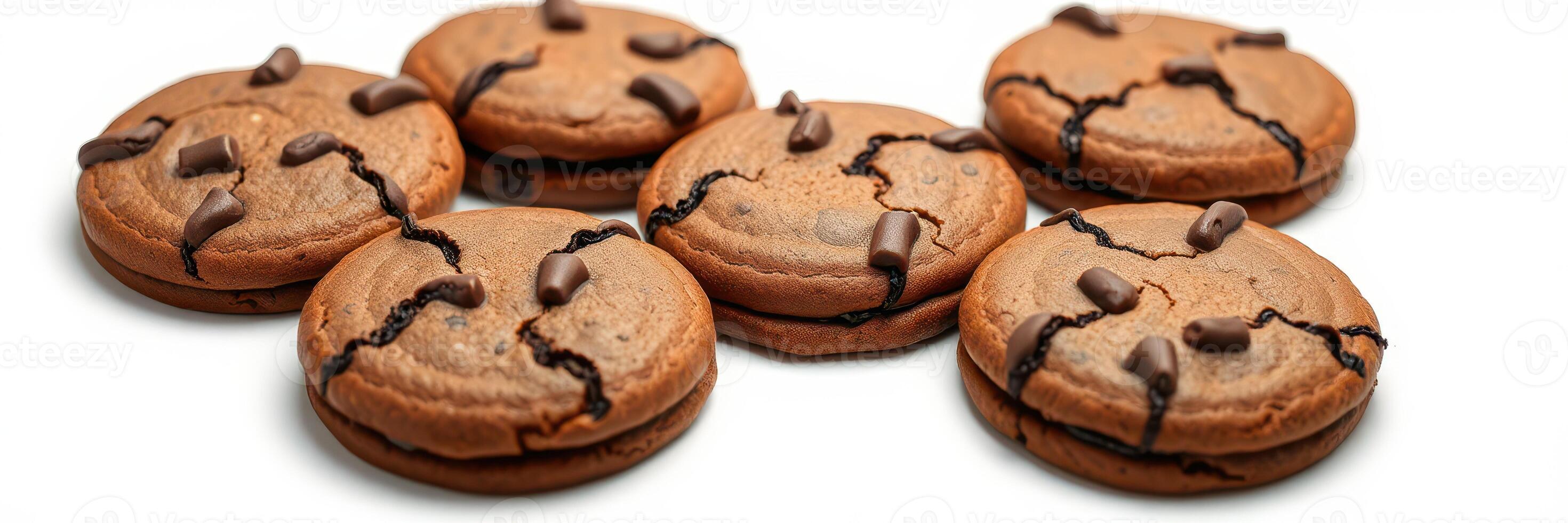 Delicious chocolate cookies with melted chocolate chips on a white background ready for enjoyment and baking inspiration photo